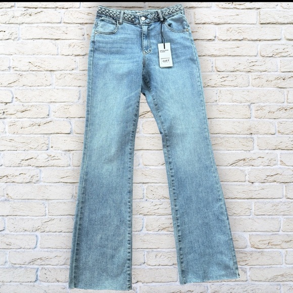 Oat New York Denim - NWT OAT High Rise Wide Leg Raw Hem Jeans with Braid Waist detailed. Size 4 / 27